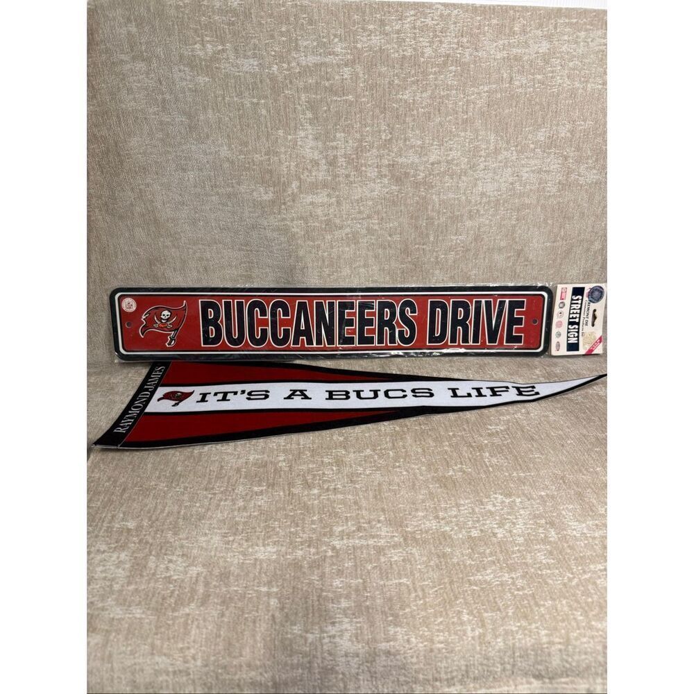 NWT Lot of 2 NFL It's A Bucs Life Pennant Flag and Buccaneers Drive Street Sign